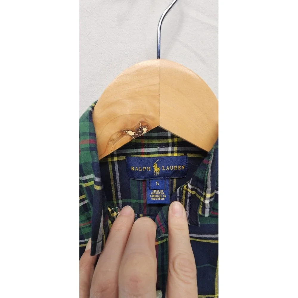 Ralph Lauren Boys Plaid Button Down Long‎ Sleeve Shirt Size 5 Green Blue Preppy